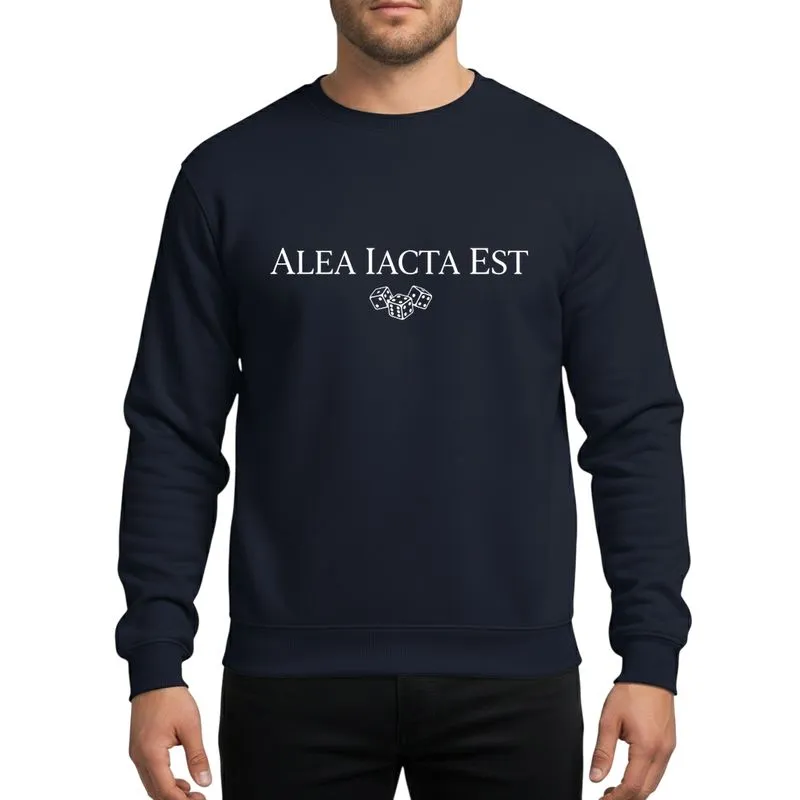 Classics Enthusiasts' Elegant White Serif Alea Iacta Est Typography & Minimalist Dice Sweatshirt - 1