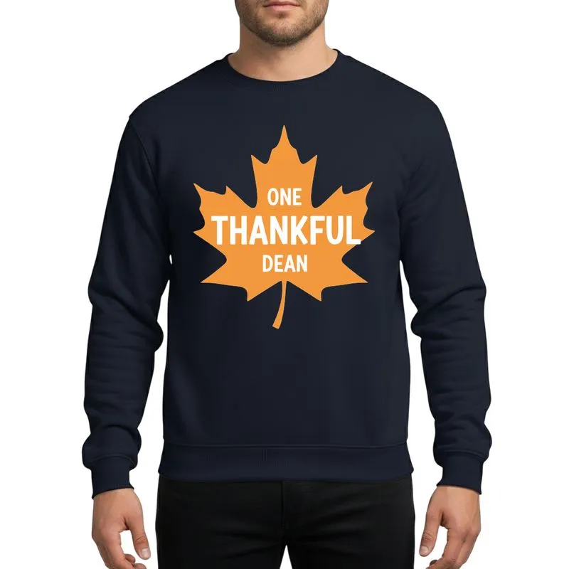 School Team's Golden Yellow Maple Leaf 'One Thankful Dean' White Text Rustic Hand-Drawn Graphic Sweatshirt - 1
