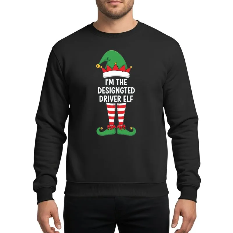 Family & Friends' Whimsical Elf Design with Festive Green Hat, Red Striped Legs, Gold Bells, and 'Designated Driver' Text Sweatshirt - 1