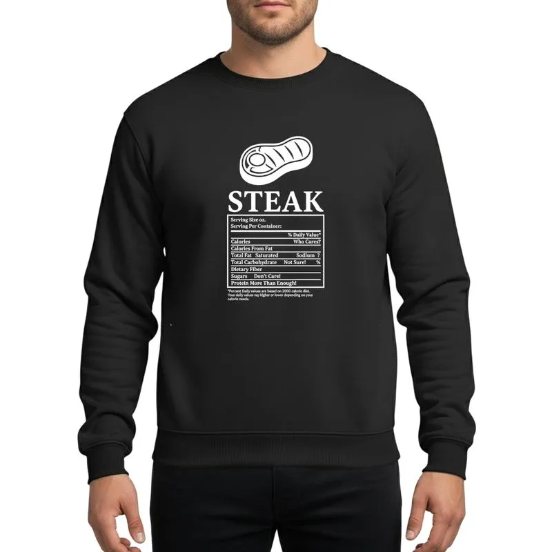 Funny Foodie Enthusiasts' White Flat Vector Steak Silhouette Bold Serif Nutrition Label Parody Sweatshirt - 1