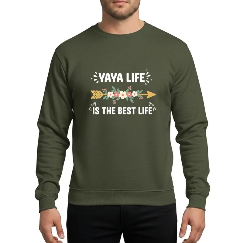 Yaya Life Lover Whimsical Hand-Drawn White Script with Golden Feathered Arrow & Cream Pink Floral Garland Sweatshirt - 1