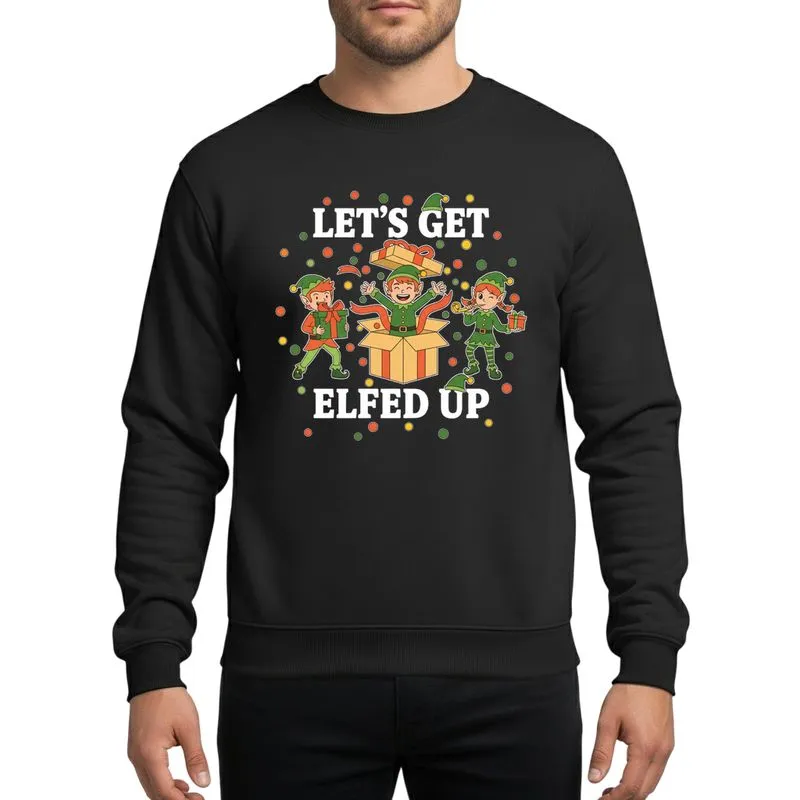 Festive Adults' Playful Cartoon Elves Celebration with Bold White 'ELFED UP' Text, Gifts, Bright Orange Green Yellow Confetti Sweatshirt - 1