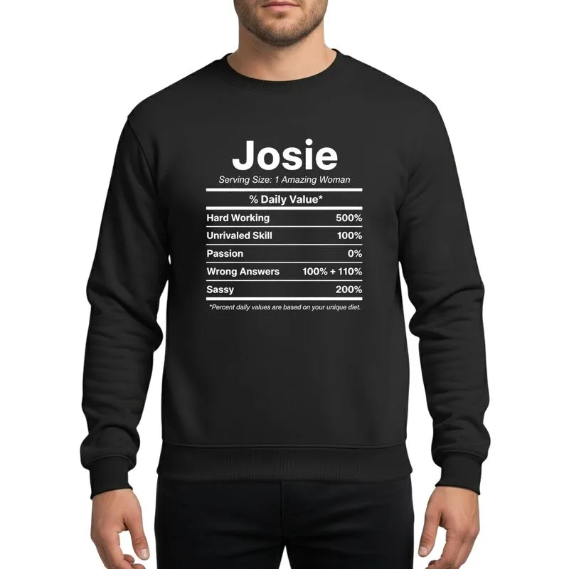 Women's White Minimalist Typographic Josie Nutrition Label, Sassy Empowering Attributes Sweatshirt - 1