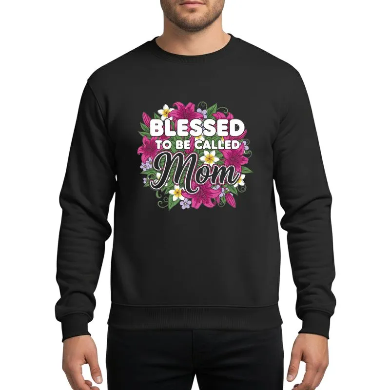 Mothers' White Blessed To Be Called Text Pink Mom Script Deep Magenta Lily Lavender Plumeria Floral Art Sweatshirt - 1