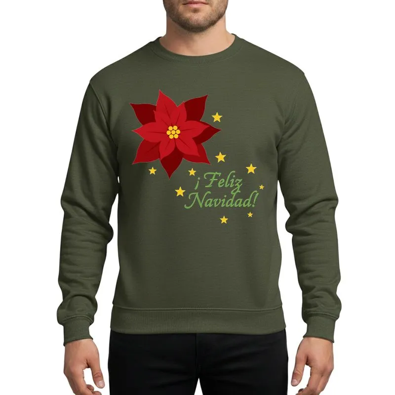 Holiday Celebrators' Bold Deep Red Poinsettia Green Feliz Navidad Script Yellow Stars Black Rectangle Frame Festive Floral Sweatshirt - 1