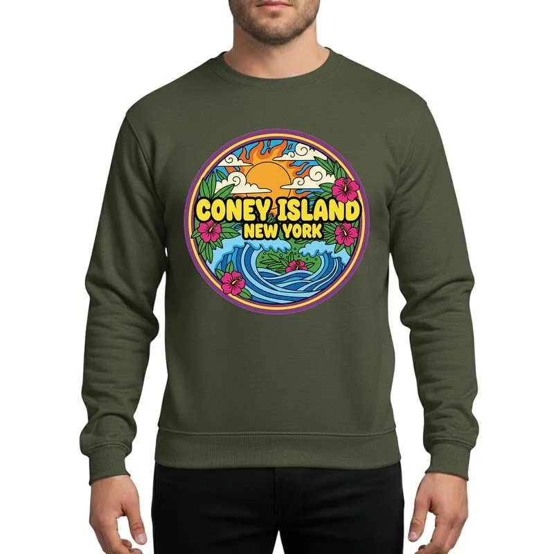 Coney Island Vacationers Vibrant Cartoon Design, Yellow Bubbly Text, Orange Sun, Blue Waves, Green Leaves & Pink Hibiscus Sweatshirt - 1