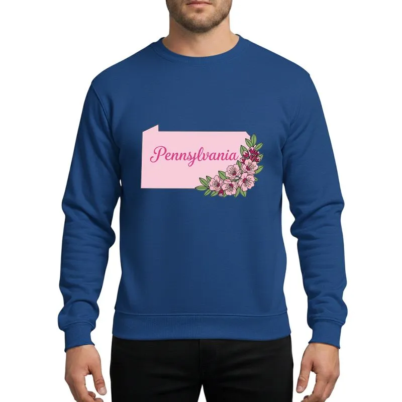 Pennsylvania Lovers' Light Pink State Outline Mountain Laurel Soft Pink Rose Green Hand-Drawn Floral Art Sweatshirt - 1