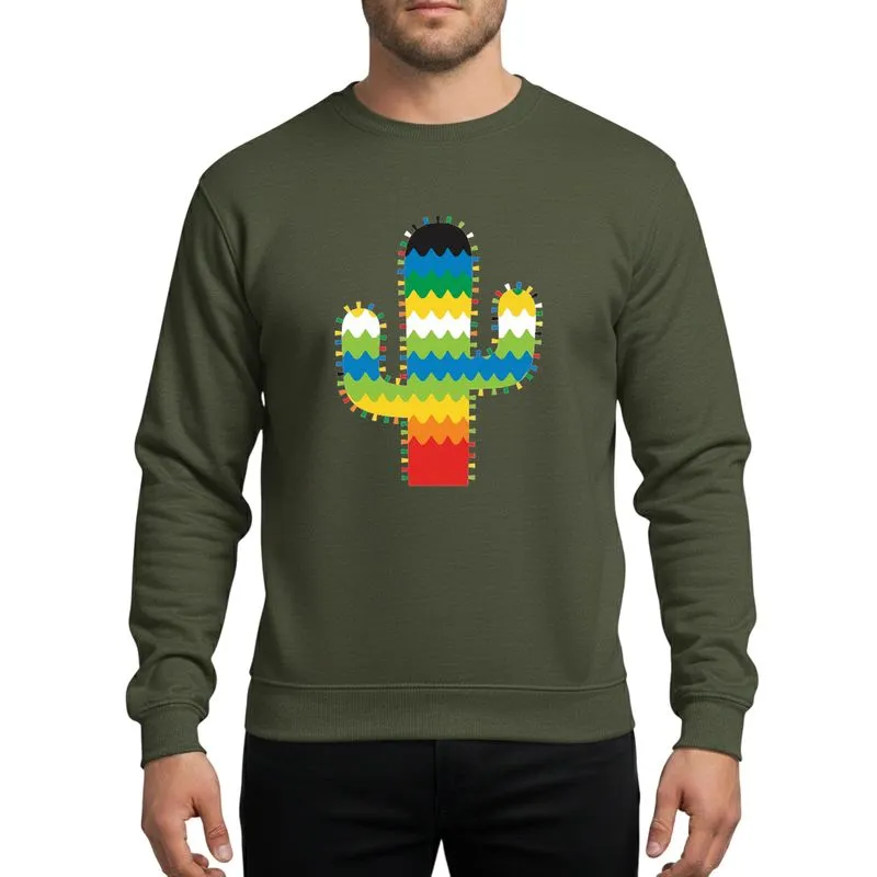 Vibrant Style Enthusiasts' Folkloric Saguaro Cactus Wavy Striped Red Yellow Blue Green Sweatshirt - 1