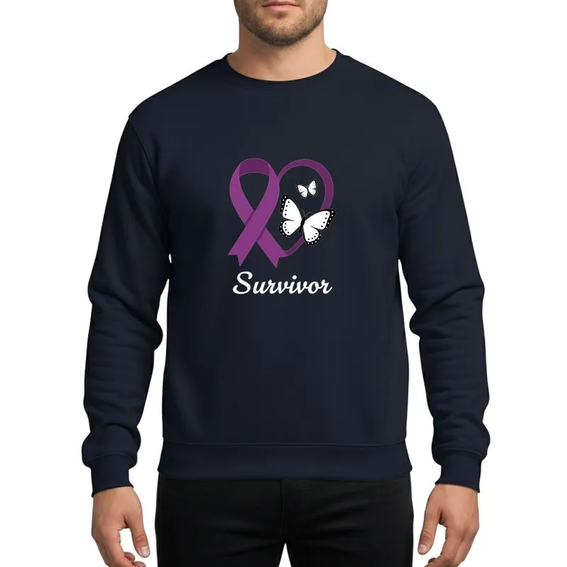 Empowerment Seekers' Bold Royal Purple Heart Ribbon, Integrated Loop, Ascending White Butterflies, Graceful 'Survivor' Script Sweatshirt - 1