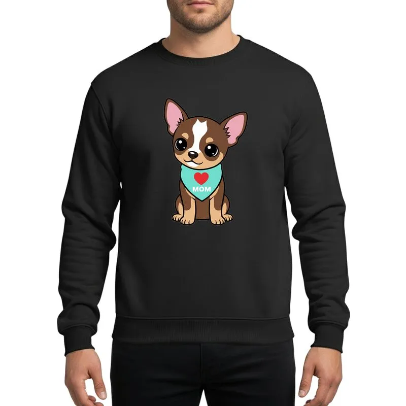 Chihuahua Lovers' Cheerful Brown Tan Cartoon Puppy Light Cyan Bandana Red Heart MOM Graphic Sweatshirt - 1
