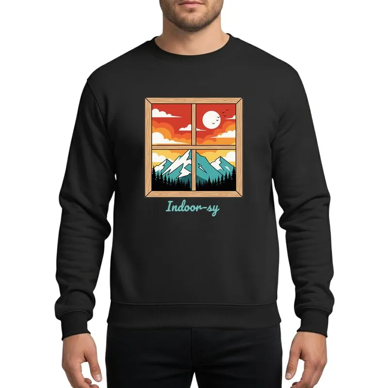 Homebodies' Vintage Illustrative Window Sunset Mountain Teal Orange Indoor-sy Graphic Sweatshirt - 1