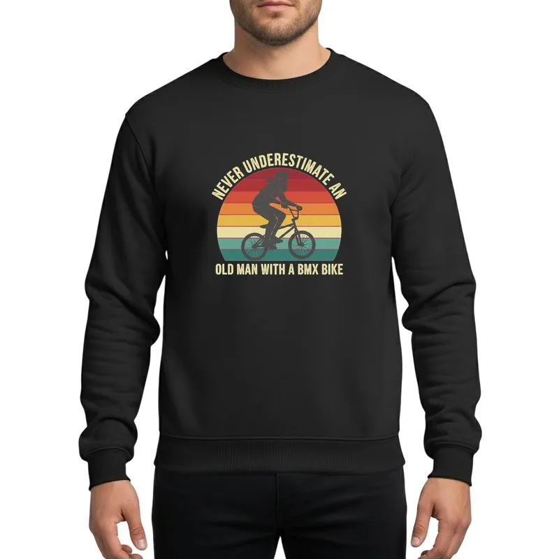 Vintage BMX Enthusiasts Retro Distressed Dark Red Orange Yellow Teal Cream Sunset Stripe BMX Rider Sweatshirt - 1