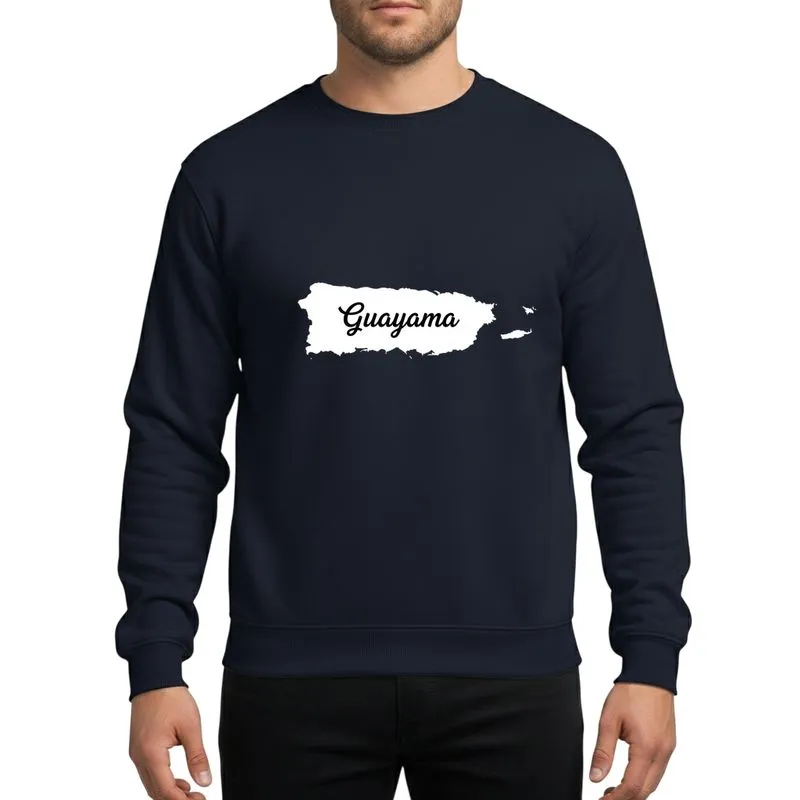 Guayama Boricua Community Minimalist White Puerto Rico Island Shape Black Guayama Script Art Sweatshirt - 1