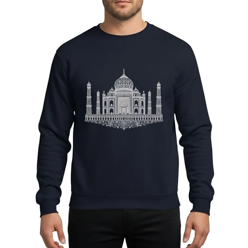 India Admirers' Intricate White Taj Mahal Line Art Geometric Floral Scrollwork Sweatshirt - 1