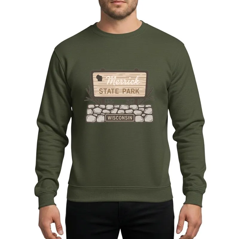 Wisconsin Park & Travel Enthusiasts' Vintage Beige Brown State Sign Art with Stone Structure & Pine Branches Sweatshirt - 1
