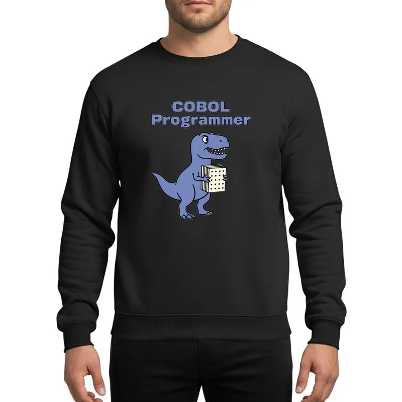 COBOL Programmers & Dinosaur Fans Muted Periwinkle Blue Cartoon T-Rex Holding Retro Punch Cards with Bold COBOL Programmer Text Sweatshirt - 1