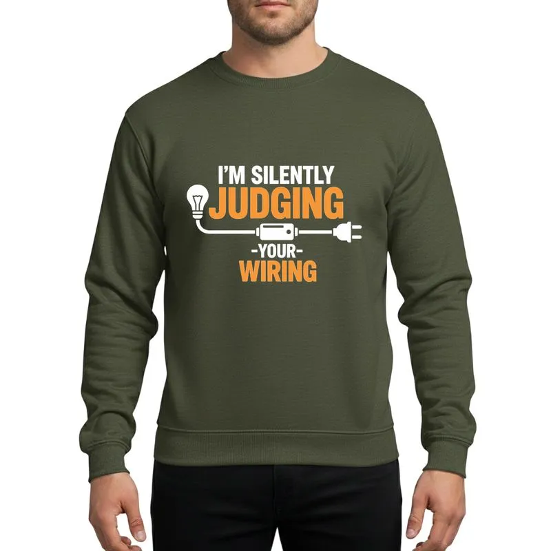 Tech & DIY Enthusiasts' Bold Flat Vector White & Yellow 'I'M SILENTLY JUDGING YOUR WIRING' Electrical Design Sweatshirt - 1