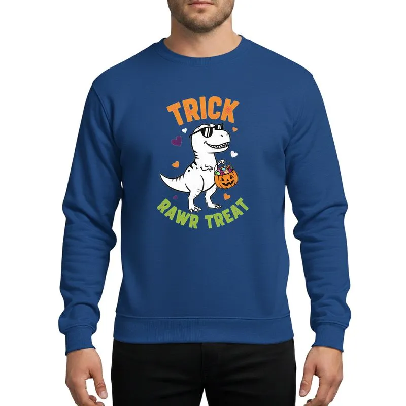Kids' Whimsical Distressed White T-Rex Orange Green Halloween Trick Rawr Treat Candy Hearts Sweatshirt - 1