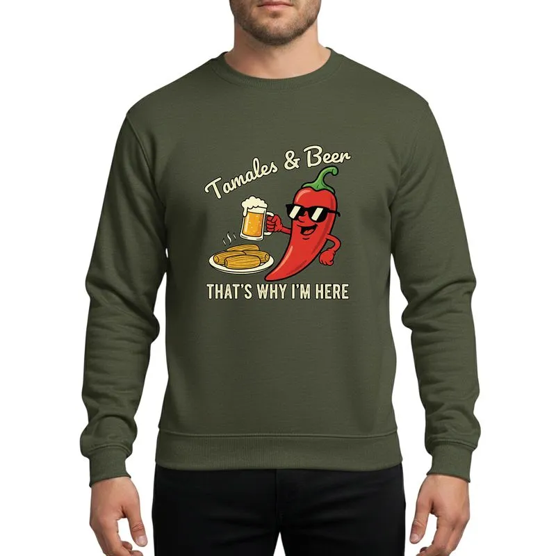 Festive Food Lovers' Vintage Distressed Red Chili Character, Sunglasses, Amber Beer, Yellow Tamales Artwork Sweatshirt - 1