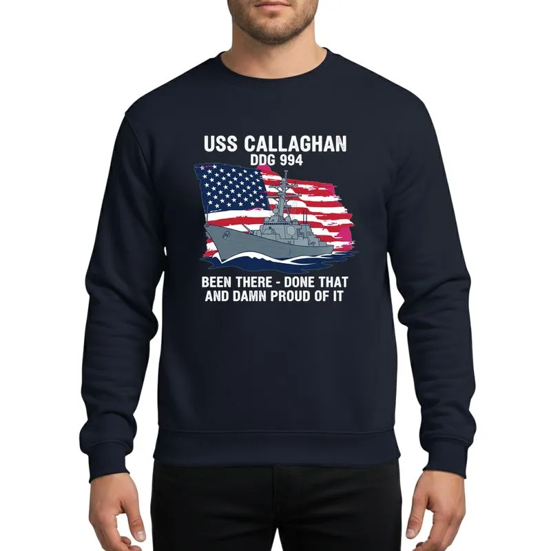 Naval History Enthusiasts' USS Callaghan DDG 994 Destroyer, Distressed American Flag, Patriotic Stencil Sweatshirt - 1