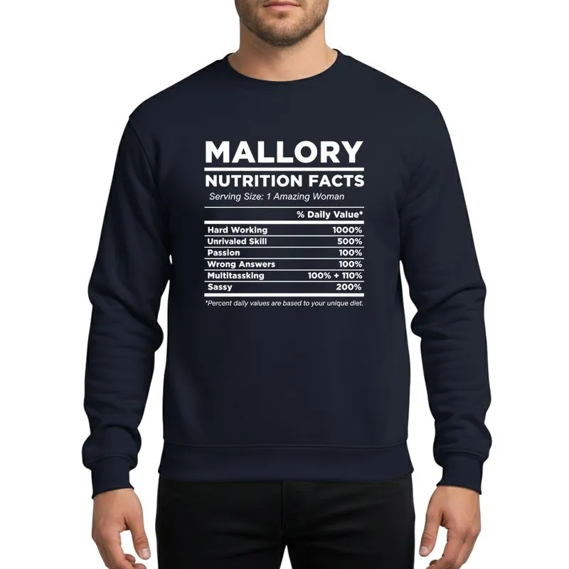 Women's Crisp White Typographic Nutrition Label Parody with Bold Sans-Serif Mallory Name & Attribute Lines Sweatshirt - 1