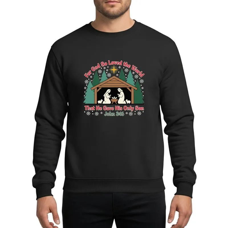 Faithful Christmas Celebrants' Rustic Nativity Deep Forest Green Red John 3:16 Flat Art Sweatshirt - 1