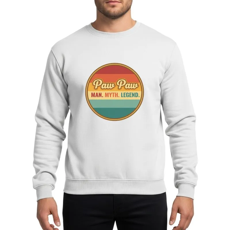 Grandfather Paw Paw Vintage Retro Muted Red Orange Yellow Teal Striped Circle 'Paw Paw Man Myth Legend' Emblem Sweatshirt - 1
