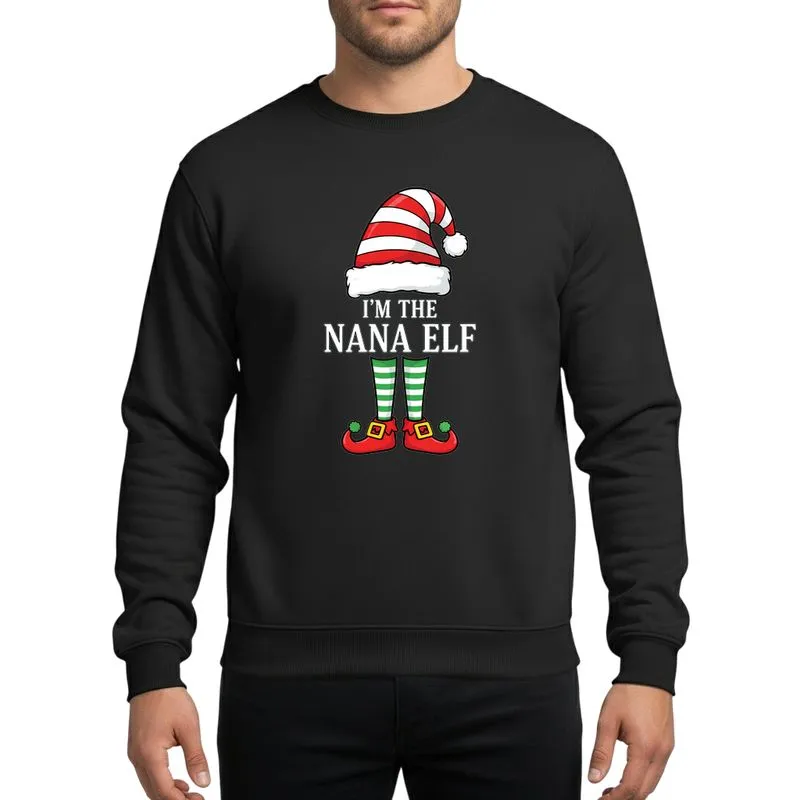 Women's Whimsical 'I'M THE NANA ELF' Red Green Striped Hat & Stockings Holiday Graphic Sweatshirt - 1