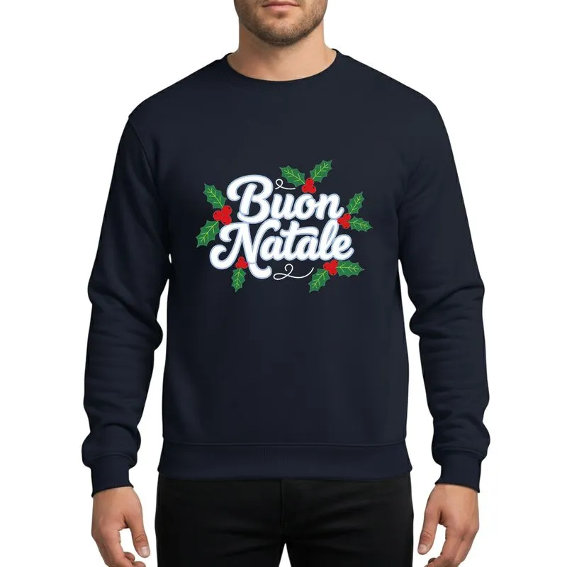 Italian Christmas Enthusiasts' Vibrant Hand-Lettered Buon Natale White Pale Blue Outline Script with Green Holly & Red Berries Sweatshirt - 1
