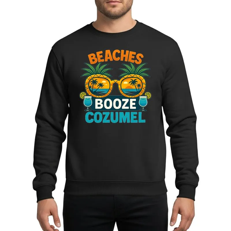 Vacation Crew Cozumel Tropical Pineapple Sunglasses, Golden Sunset Beach, Cocktails, Orange Turquoise BEAcHES BOOZE COZUMEL Text Sweatshirt - 1