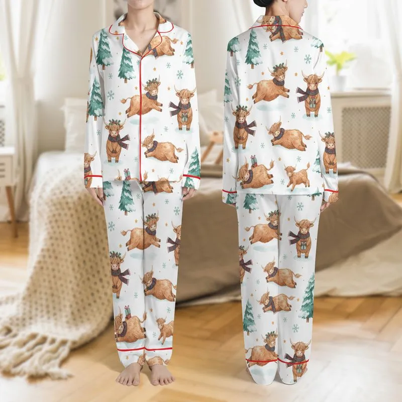 Family Holiday Enthusiasts Whimsical Watercolor Highland Cow Festive Red Teal Plaid Snowflakes Satin Pajamas Set - 1