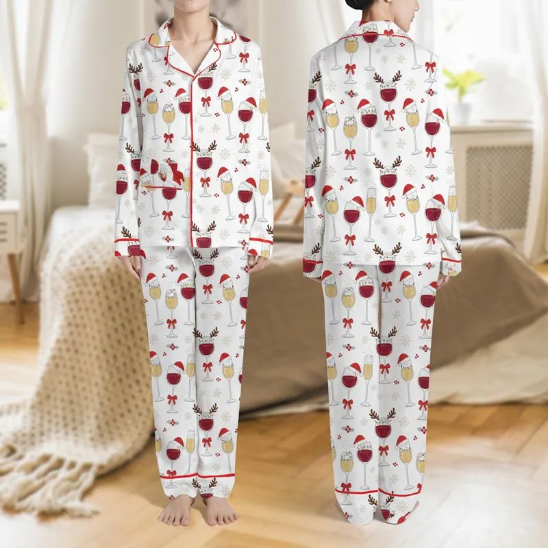 Women's Whimsical Christmas Wine Glass Pattern: Santa Hats, Reindeer Antlers, Colorful String Lights, Red Berries on White Satin Pajamas Set - 1