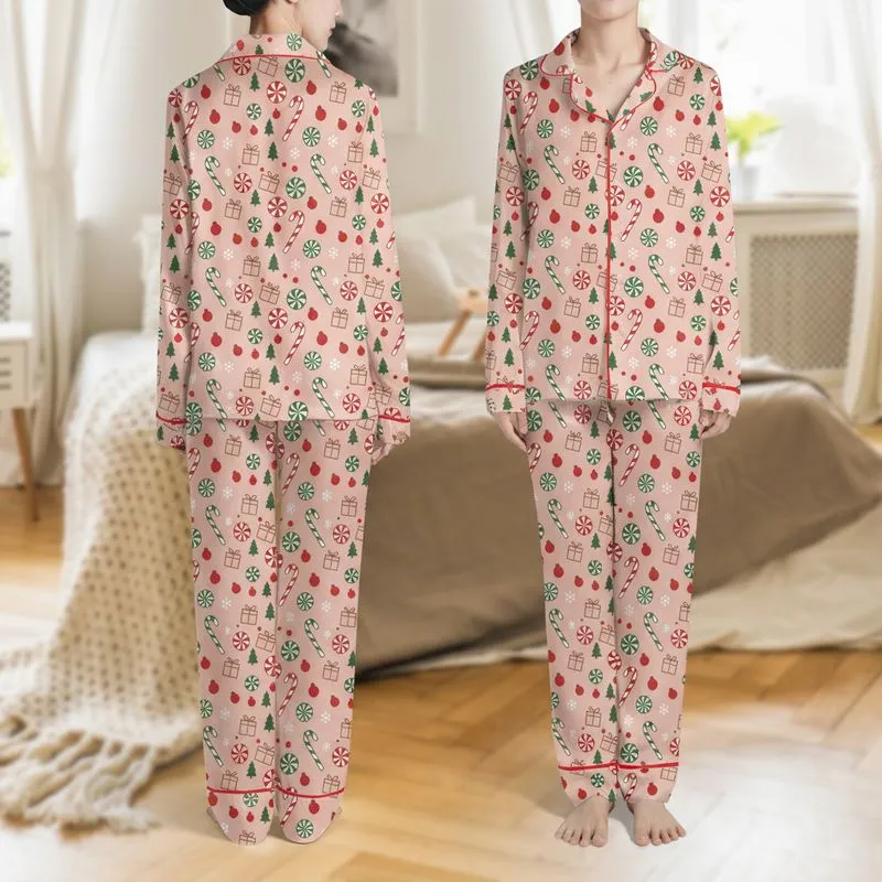 Women's Soft Blush Pink Whimsical Festive Scattered Red Green White Candy Canes Peppermint Swirls Snowflakes Satin Pajamas Set - 1