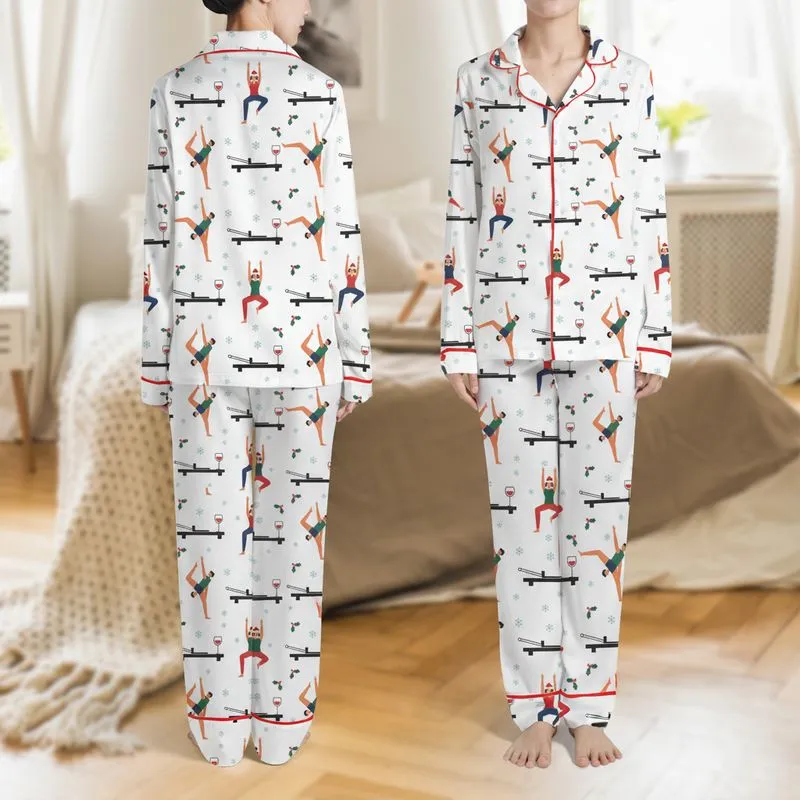 Women's Pilates Enthusiasts Christmas Pilates & Wine Minimalist Flat Pattern: Santa Hat Figures, Reformers, Holly, Snowflakes Satin Pajamas Set - 1