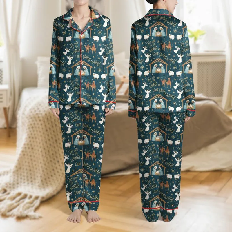 Families' Deep Teal Blue Nativity Scene Pattern with Golden Stars & Angels, Hand-Drawn Holy Family & Wise Men Satin Pajamas Set - 1