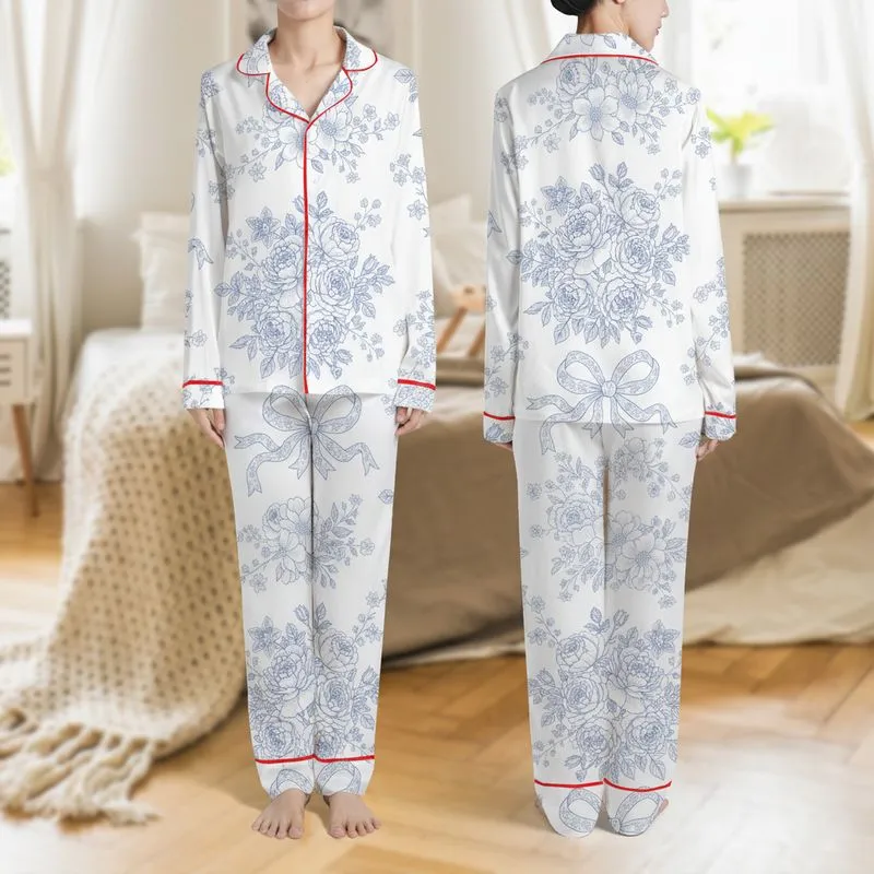 Women's Elegant Blue & White Toile De Jouy Roses Peonies Bows Pattern Satin Pajamas Set - 1