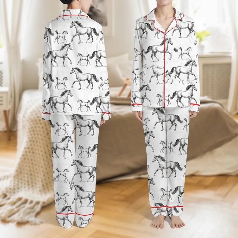 Women's Sophisticated Vintage Engraved Black White Horse Equestrian Line Art Pattern Satin Pajamas Set - 1