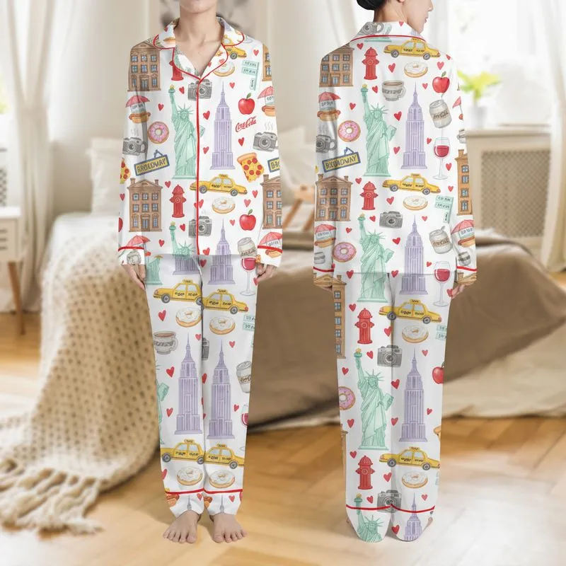 New York City Lovers' Vibrant Watercolor NYC Icons: Lady Liberty, Empire State Building, Yellow Taxis, Pizza, Bagels. Satin Pajamas Set - 1