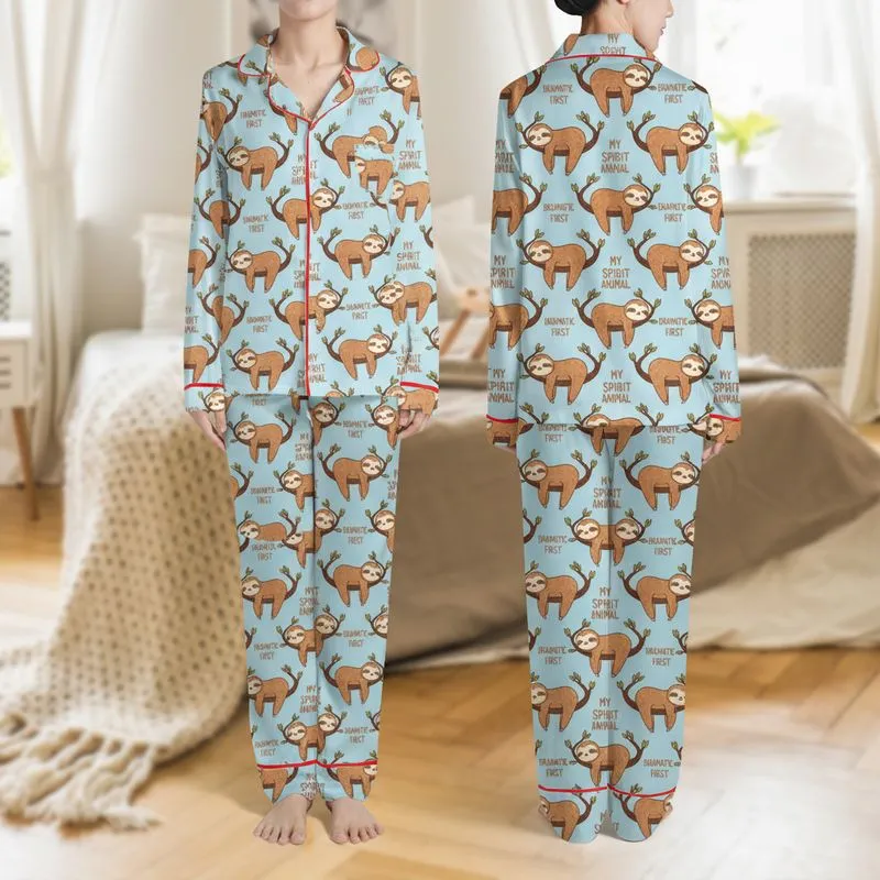 Sloth Lovers' Whimsical Cartoon Sloths, Brown & Cream, Dark Branches, Playful Phrases on Sky Blue Pattern Satin Pajamas Set - 1