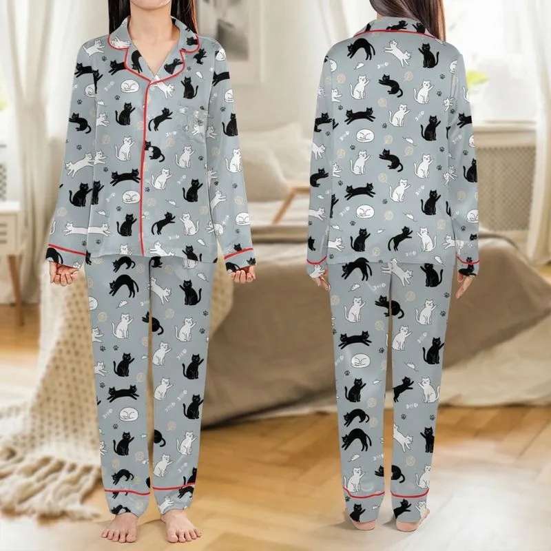 Cat Lovers' Playful Cartoon Black & White Cats, Yarn, Mice, Fish Bones Muted Grey-Blue All-Over Pattern Satin Pajamas Set - 1