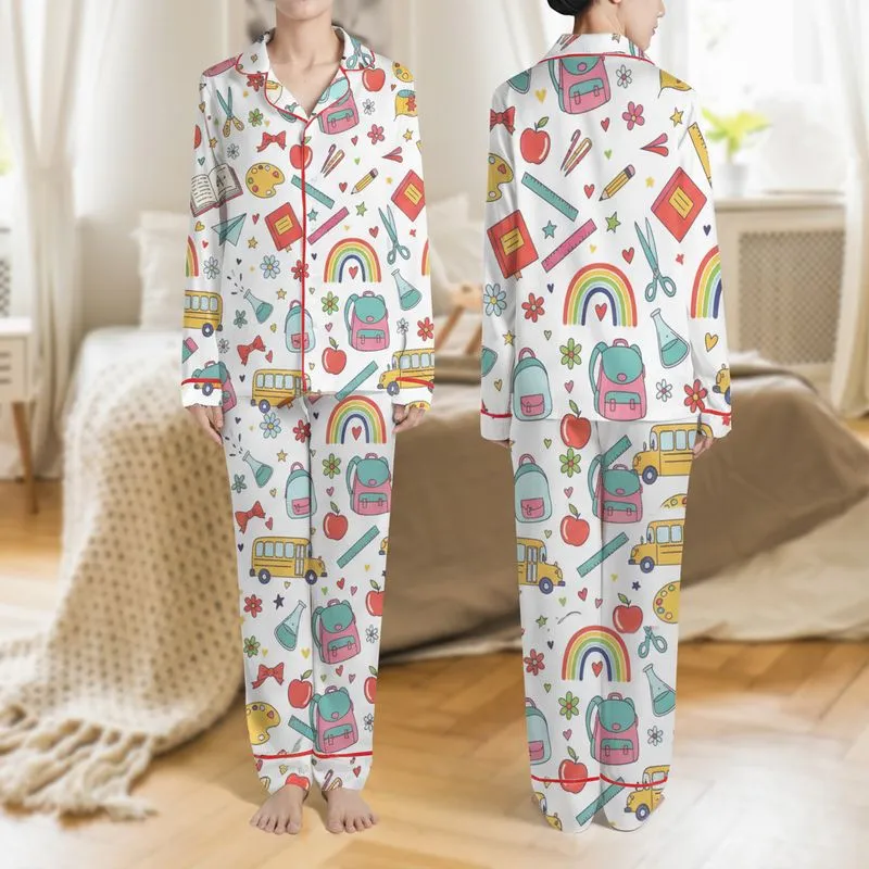Educators & Students Whimsical Hand-Drawn Doodle School Items Pattern with Multi-Colored Rainbow & Vibrant Retro Palette Satin Pajamas Set - 1