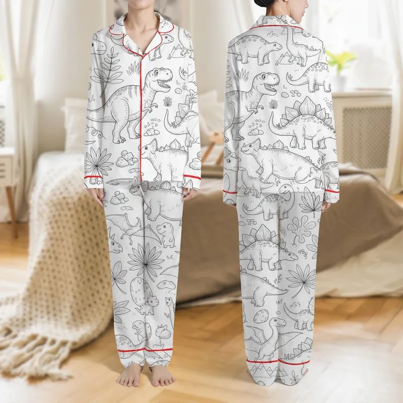 Prehistoric Fans' Whimsical Black White Hand-Drawn Dinosaurs & Lush Foliage Pattern Satin Pajamas Set - 1