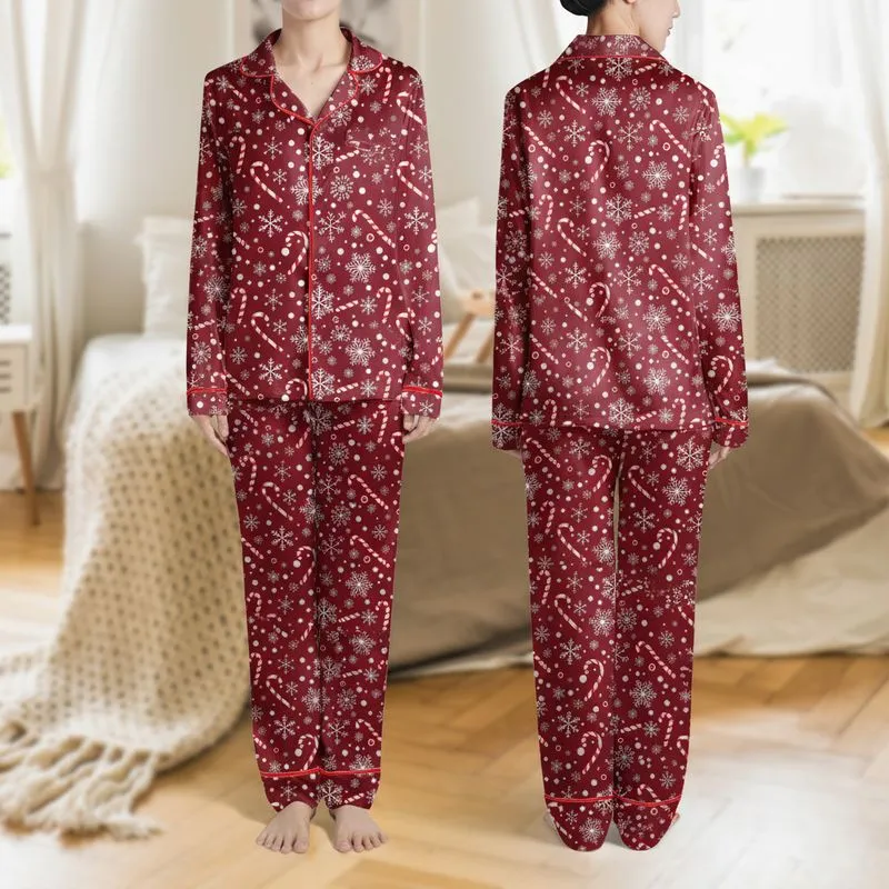 Christmas Season Families' Maroon Red Candy Cane Stripe & Intricate White Snowflake Pattern Satin Pajamas Set - 1
