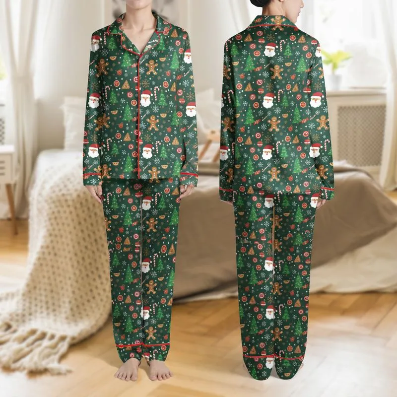 Family & Friends Deep Forest Green Festive Gingerbread Santa Snowflake Candy Vector Pattern Satin Pajamas Set - 1