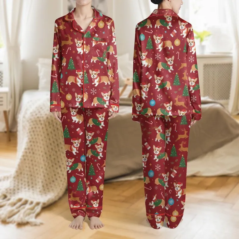 Corgi Lovers' Festive Family: Adorable Corgi Dogs in Santa Hats & Elf Costumes, with Green Trees, Teal Gold Ornaments, White Snowflakes on Deep Red Satin Pajamas Set - 1