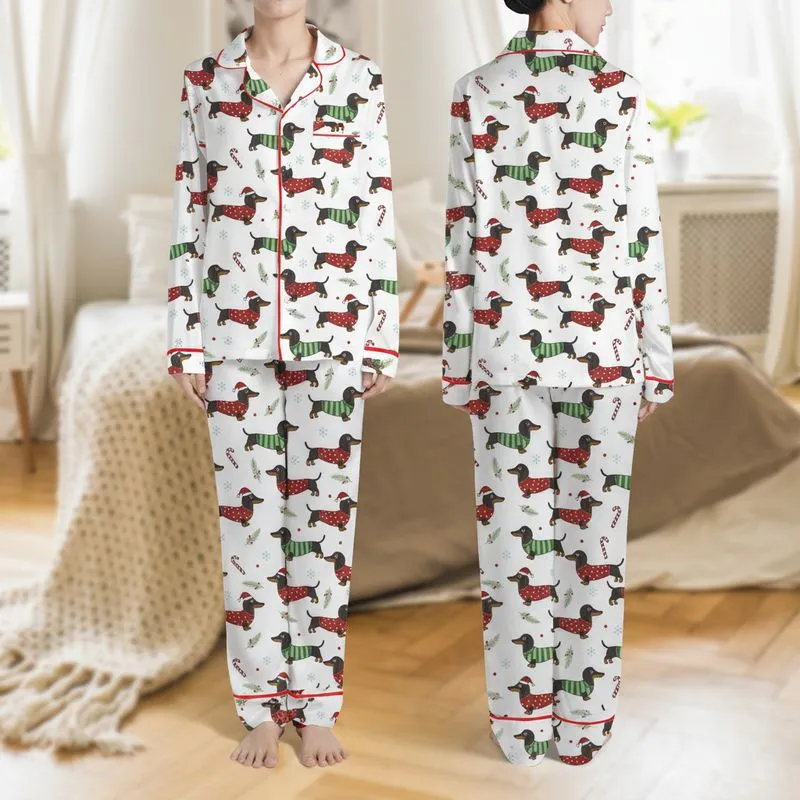 Dachshund Lovers' Whimsical Christmas Dachshund Pattern Sweaters Santa Hats Candy Canes Snowflakes Satin Pajamas Set - 1