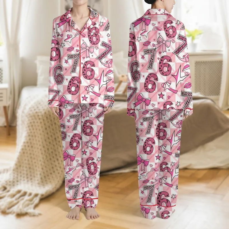 Trendy Coquette Style Fans' Hot Pink Fuchsia 6 7 Number Leopard Print Bow Heart Checkerboard Festive Graphic Satin Pajamas Set - 1