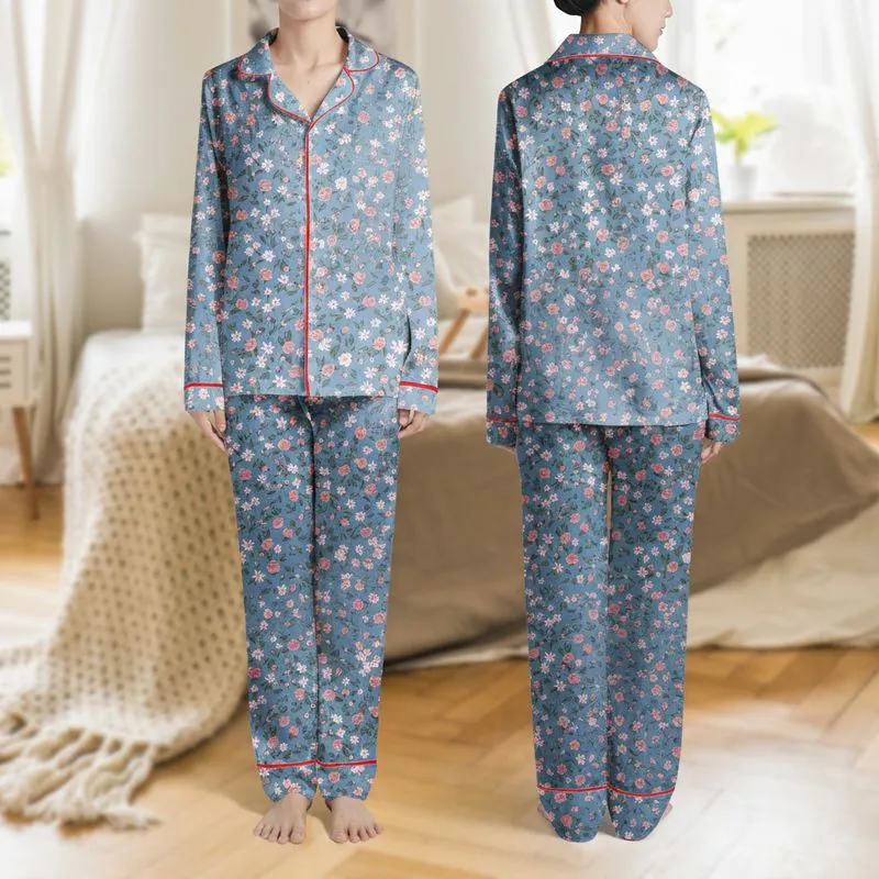 Women's Muted Denim Blue Soft Pink Rosebud Wildflower Naive Floral Print Satin Pajamas Set - 1