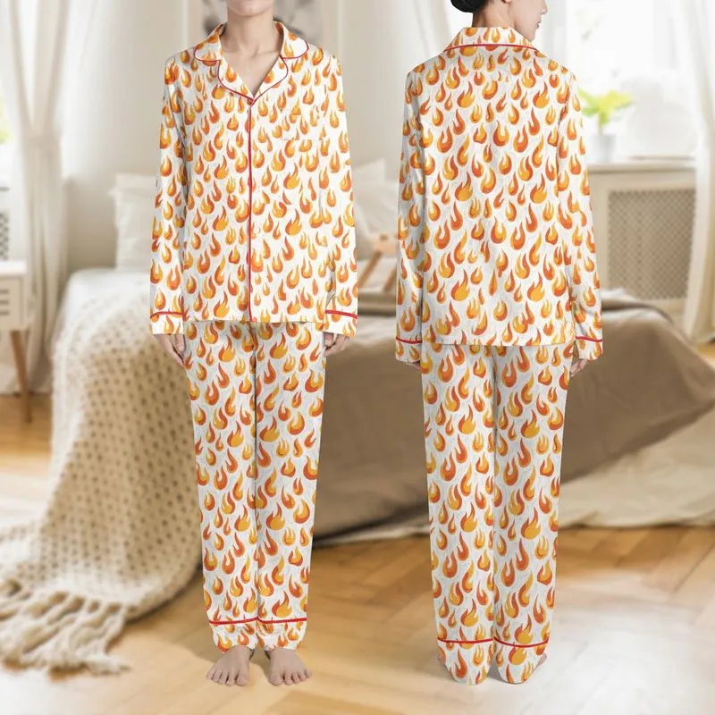 Women's Illustrative Dynamic Yellow Orange Red Flame Pattern on White with Light Grey Wavy Lines Satin Pajamas Set - 1