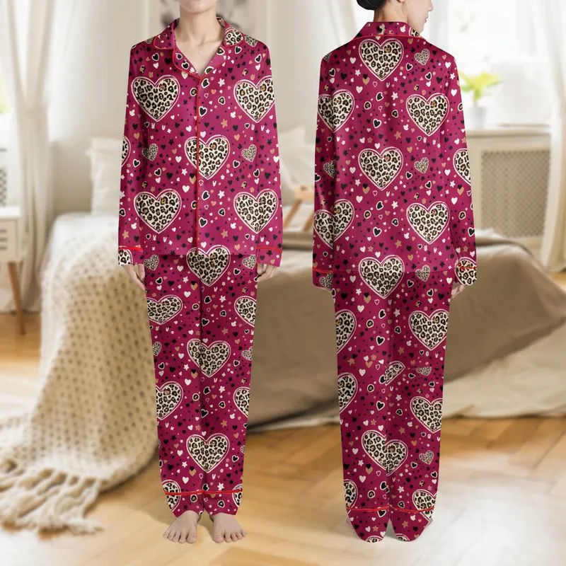 Women's Vibrant Magenta Leopard Print Hearts Illustrative Pattern with Off-White Outlines & Dynamic Abstract Elements Satin Pajamas Set - 1